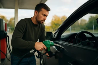 Muž tankujúci prémiový benzín 98 do auta na čerpacej stanici.