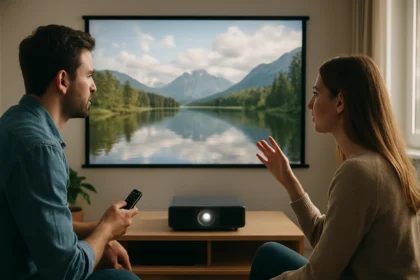 Dvojica diskutuje o výbere projektorového TV v obývačke.