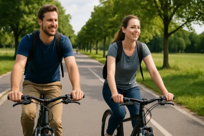 Šťastný pár bicyklujúci v prírode
