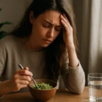 Žena so stresom konzumuje zelený smoothie pre úľavu