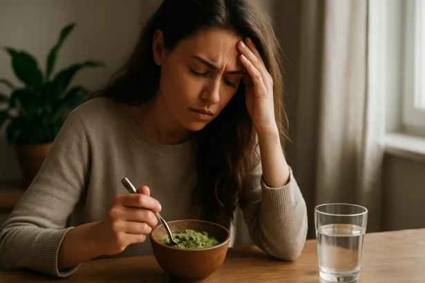 Žena so stresom konzumuje zelený smoothie pre úľavu
