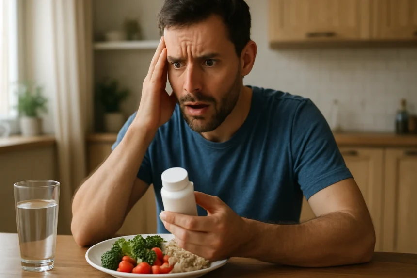 Muž s prekvapeným výrazom drží fľaštičku s doplnkom stravy pri jedle.