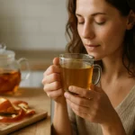 Žena vychutnávajúca si čaj z jablkovej šupky.