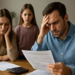 Rodina preoblečená a znepokojená pri pohľade na daňové dokumenty