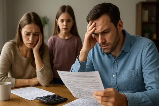 Rodina preoblečená a znepokojená pri pohľade na daňové dokumenty