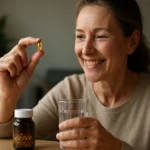 Žena s omega-3 kapsulou a pohárom vody, usmievajúca sa