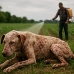 Hnedý pes ležiaci v tráve blízko poľa, zatiaľ čo sa strieka herbicíd.