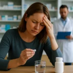 Žena s ťažkosťami pri užívaní metronidazolu, lekár v pozadí.