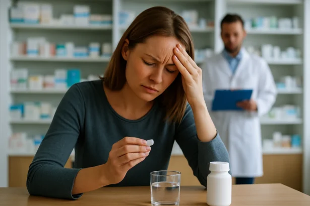 Žena s ťažkosťami pri užívaní metronidazolu, lekár v pozadí.