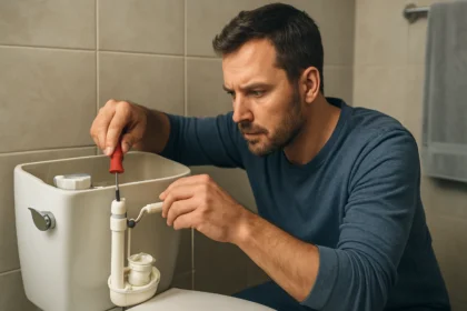 Muž opravuje plniaci ventil toalety