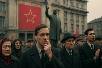 Historická scéna z Rákosiho éry s davom a sochy vodcu.