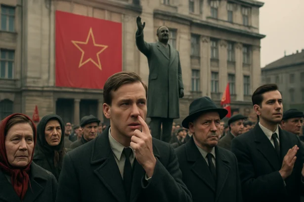 Historická scéna z Rákosiho éry s davom a sochy vodcu.