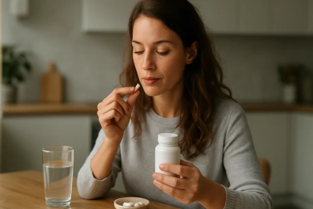 Žena berie probiotiká na podporu črevnej mikroflóry a zdravia