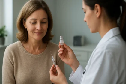 Žena v ordinácii s gynekologickým prípravkom Gynevac.