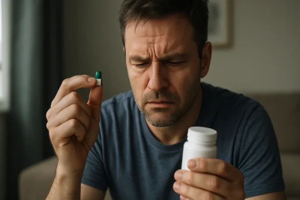Muž zvažujúci užitie kapsúl Vargastem na zlepšenie zdravia.