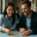 Dve osoby skúmajúce mapu v kancelárii, symbolizujúce globalizáciu.