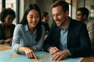 Dve osoby skúmajúce mapu v kancelárii, symbolizujúce globalizáciu.