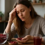 Žena s brusnicami, prežívajúca stres a únavu