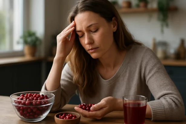 Žena s brusnicami, prežívajúca stres a únavu