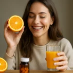 Žena s pomarančom a šťavou, symbolizujúca vitamín C