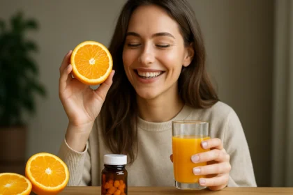 Žena s pomarančom a šťavou, symbolizujúca vitamín C