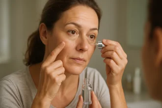 Žena aplikuje pleťový sérum s Argirelox peptidom na tvár