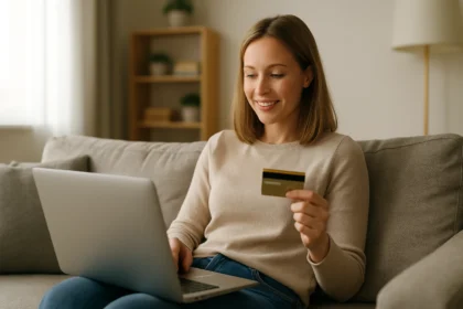 Žena s kreditnou kartou nakupuje online na svojom laptopu.