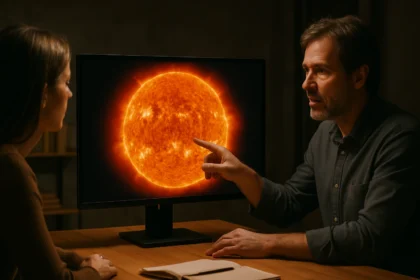 Vedec vysvetľuje zloženie Slnka na obrazovke.