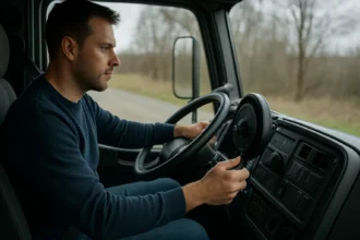 Muž riadi nákladné vozidlo na ceste.
