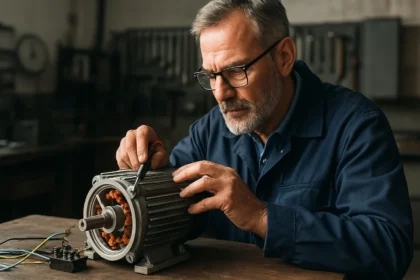 Technik opravuje AC motor s oceľovým statorom a medenou cievkou.