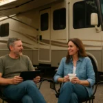 Pár užívajúci si život v karavane na parkovisku