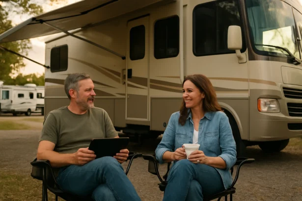 Pár užívajúci si život v karavane na parkovisku