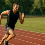 Muž bežiaci na bežeckej dráhe počas intervalového tréningu.