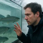 Muž pozoruje ryby v akváriu počas studeného frontu