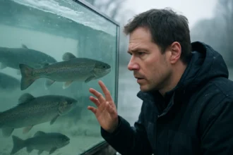 Muž pozoruje ryby v akváriu počas studeného frontu