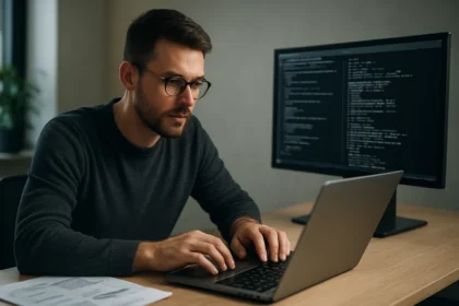 Muž pracujúci na dekodére na laptopu v kancelárii.