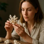 Žena skúma koralové kamene na drevenej ploche.