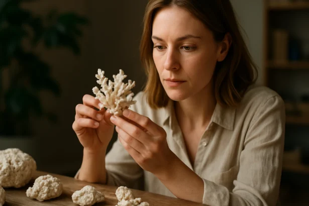 Žena skúma koralové kamene na drevenej ploche.