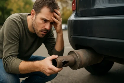 Muž kontroluje deravý výfuk svojho auta s obavami.