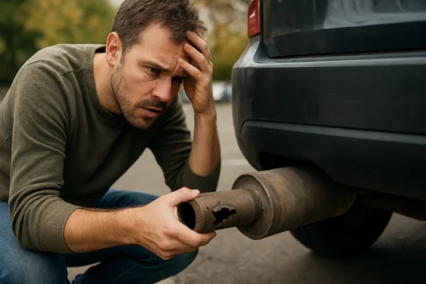 Muž kontroluje deravý výfuk svojho auta s obavami.