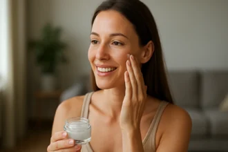 Žena sa stará o pleť s pomocou sodnej soli kyseliny hyalurónovej