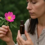 Žena drží slezovú ružu a fľaštičku s esenciálnym olejom