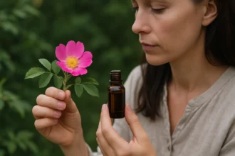 Žena drží slezovú ružu a fľaštičku s esenciálnym olejom