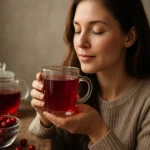 Žena vychutnáva si brusnicový čaj v sklenenom hrnčeku.