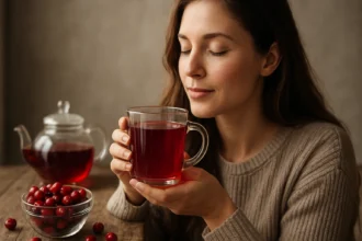 Žena vychutnáva si brusnicový čaj v sklenenom hrnčeku.