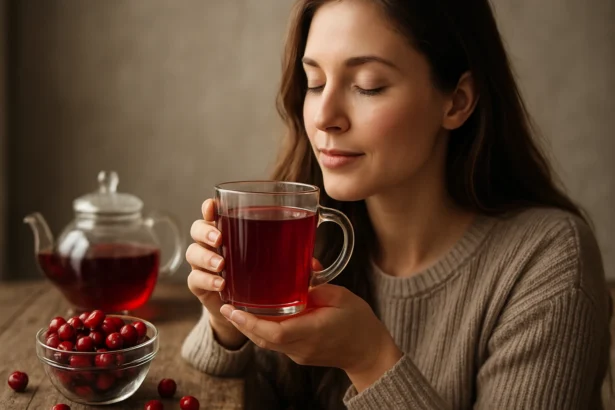 Žena vychutnáva si brusnicový čaj v sklenenom hrnčeku.