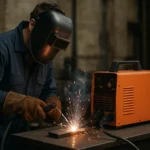 Pracujúci zvárač so zváracím transformátorom a iskrením