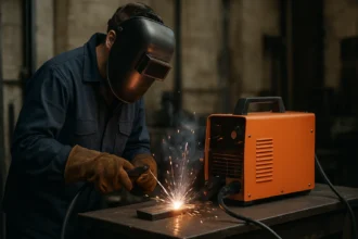 Pracujúci zvárač so zváracím transformátorom a iskrením