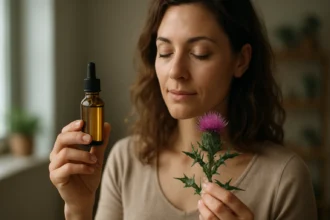 Žena drži olej z ostropestreca a kvetinu ostropestreca v ruke