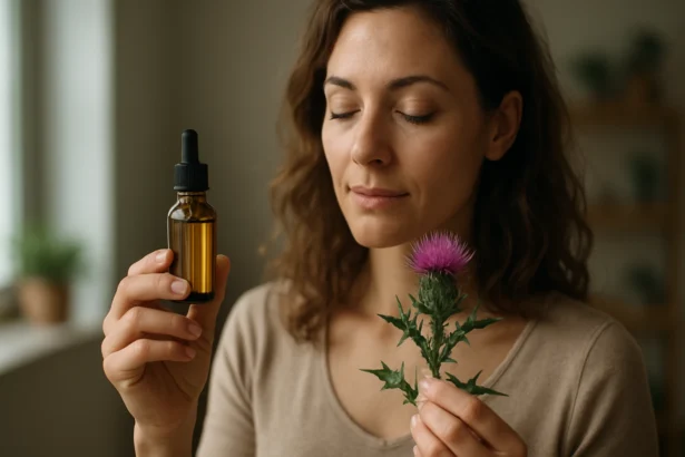 Žena drži olej z ostropestreca a kvetinu ostropestreca v ruke